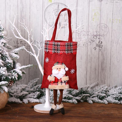 Christmas Burlap Gift Bag Candy Bag Plaid Tote Bag(Elderly)