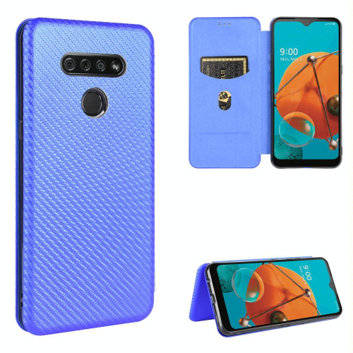 For LG K51 / Q51 Carbon Fiber Texture Horizontal Flip TPU + PC + PU Leather Case with Card Slot(Blue)