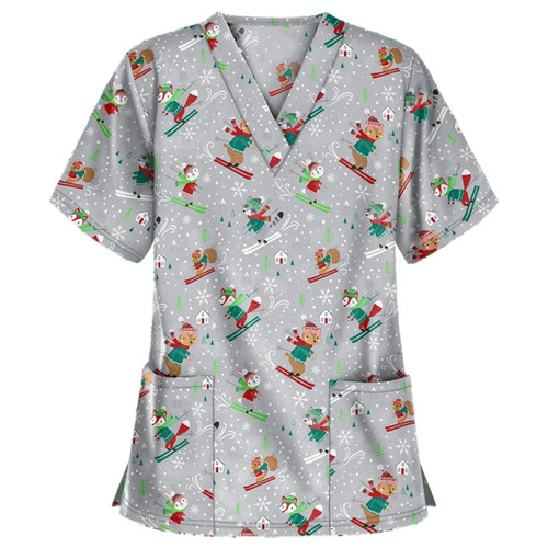 Christmas Print Short-sleeved Pocket T-shirt Nurse Uniform (Color:5 Size:XXL)