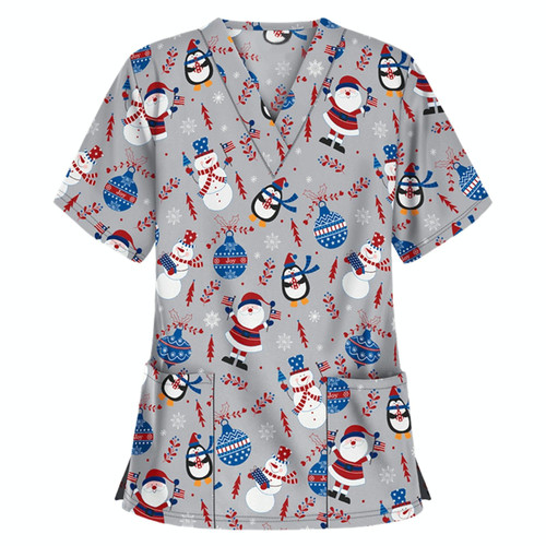Christmas Print Short-sleeved Pocket T-shirt Nurse Uniform (Color:8 Size:XXL)