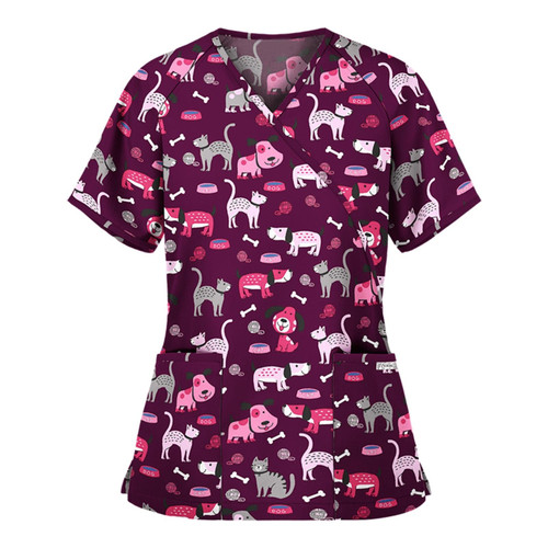 Printed V-neck Mid-length Nurse Uniform T-shirt (Color:Purple Size:XXL)
