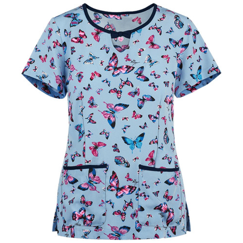 Printed Round Neck Slim-fit Nurse Uniform T-shirt (Color:Light Blue Size:XL)