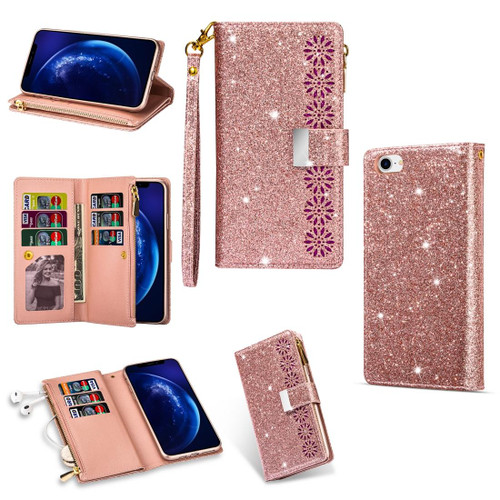 For iPhone SE 2022 / SE 2020 / 8 / 7 Multi-card Slots Starry Sky Laser Carving Glitter Zipper Horizontal Flip Leather Case with Holder & Wallet & Lanyard(Rose Gold)