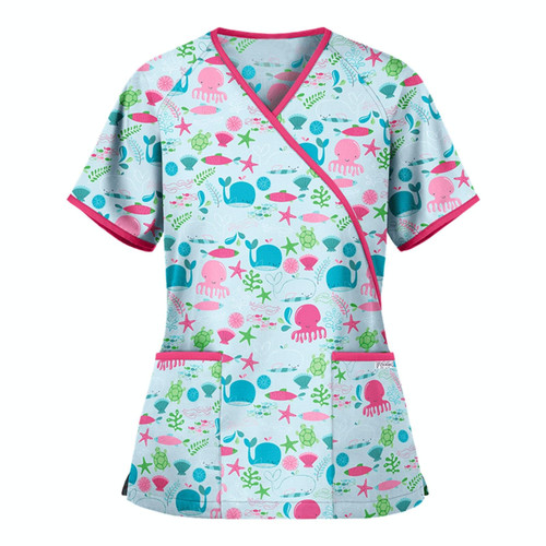 Printed V-neck Mid-length Nurse Uniform T-shirt (Color:Beige Size:XL)