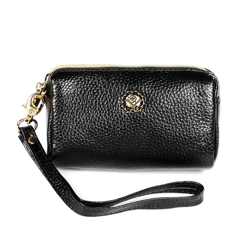 2033 Lady Portable Zipper Leather Wallet Purse Small Cosmetic Bag with Lanyard(Black)