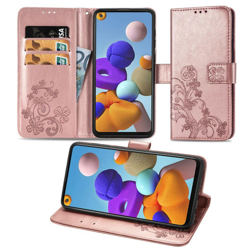 For Samsung Galaxy A21s Lucky Clover Pressed Flowers Pattern Leather Case with Holder & Card Slots & Wallet & Hand Strap(Rose Gold)