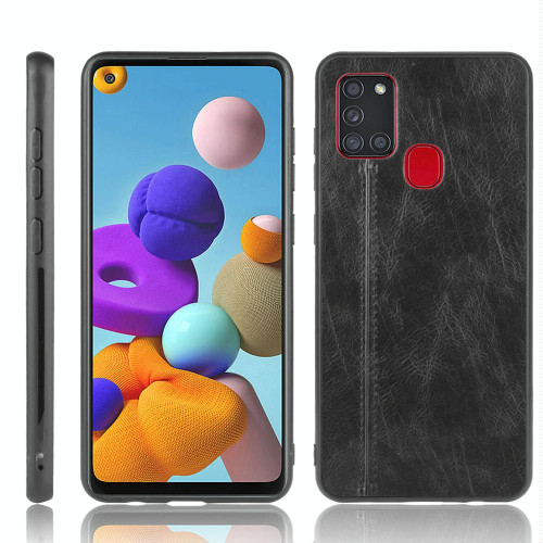 For Samsung Galaxy A21s Shockproof Sewing Cow Pattern Skin PC + PU + TPU Case(Black)