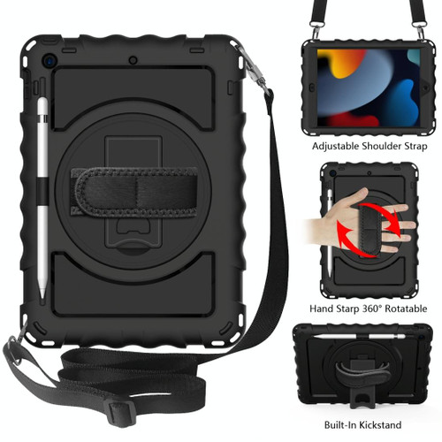 For iPad 10.2 360 Degree Rotating Case with Pencil Holder, Kickstand Shockproof Heavy Duty with Shoulder Strap,Hand Strap(Black)