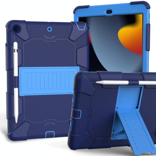 For iPad 10.2 Shockproof Two-Color Silicone Protection Case with Holder & Pen Slot(Dark Blue+Blue)