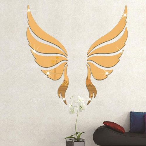 Crystal Three Dimensional Decorative Wall Stickers Angel Wings Bedroom Decorative Mirror(Gold)
