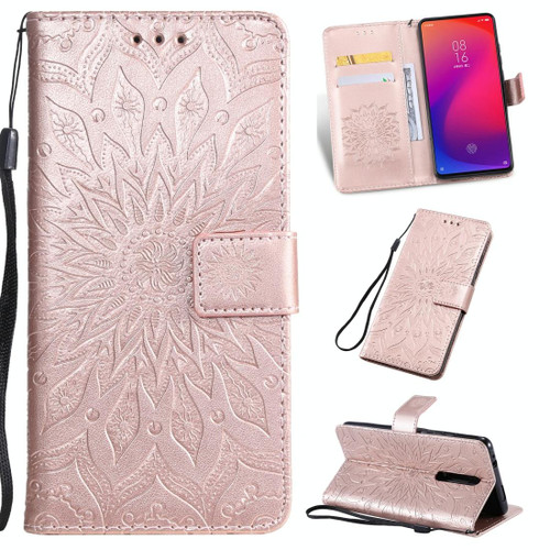 Pressed Printing Sunflower Pattern Horizontal Flip PU Leather Case for Xiaomi Mi 9T & Mi 9T Pro & Redmi K20 & K20 Pro, with Holder & Card Slots & Wallet & Lanyard (Rose Gold)