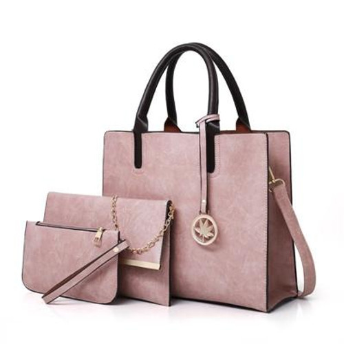 3 in 1 Leather Women Large Tote Bags Shoulder Bag Messenger Bag Purse(Pink)