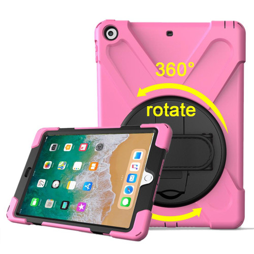 For iPad 9.7 (2018) & iPad 9.7 (2017) 360 Degree Rotation PC + Silicone Protective Case with Holder & Hand-strap(Pink)