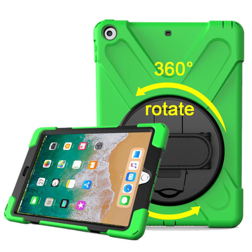 For iPad 9.7 (2018) & iPad 9.7 (2017) 360 Degree Rotation PC + Silicone Protective Case with Holder & Hand-strap(Light Green)