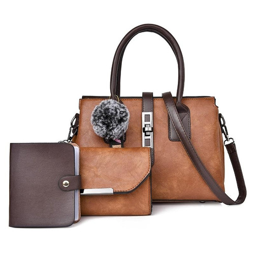 3 in 1 Casual PU Shoulder Bag Ladies Handbag Messenger Bag with Plush Ball