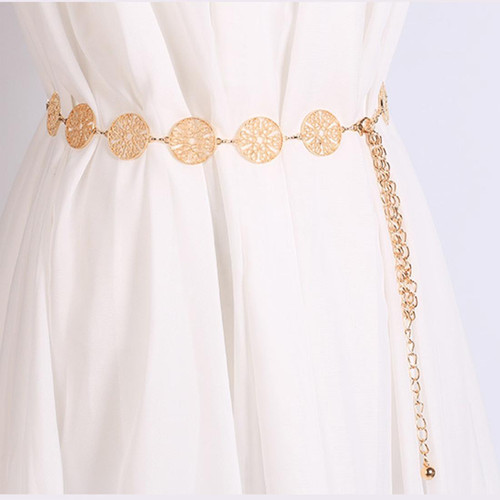 Women Metal Waist Chain Openwork Circle Decoration Waist-chain Lady Dress Belt, Length: 105cm(Gold)