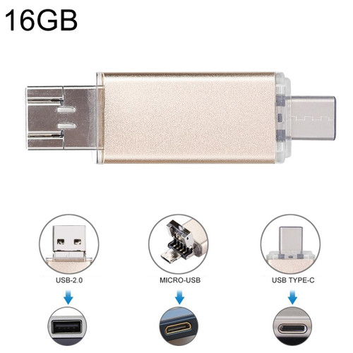16GB 3 in 1 USB-C / Type-C + USB 2.0 + OTG Flash Disk, For Type-C Smartphones & PC Computer(Gold)