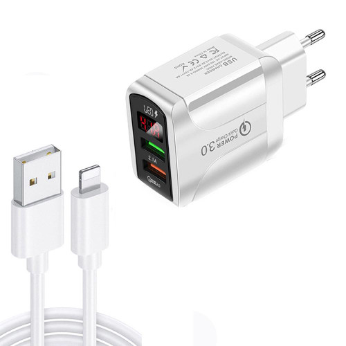 F002C QC3.0 USB + USB 2.0 LED Digital Display Fast Charger with USB to 8 Pin Data Cable, EU Plug(White)