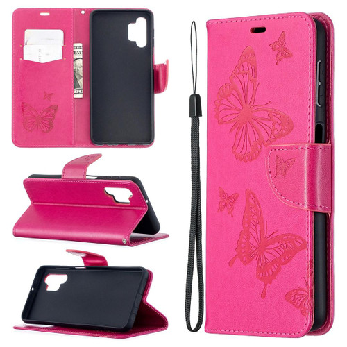 For Samsung Galaxy A32 5G Embossing Two Butterflies Pattern Horizontal Flip PU Leather Case with Holder & Card Slot & Wallet & Lanyard(Rose Red)