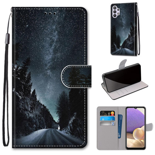 For Samsung Galaxy A32 5G Coloured Drawing Cross Texture Horizontal Flip PU Leather Case with Holder & Card Slots & Wallet & Lanyard(Mountain Road Starry Sky)