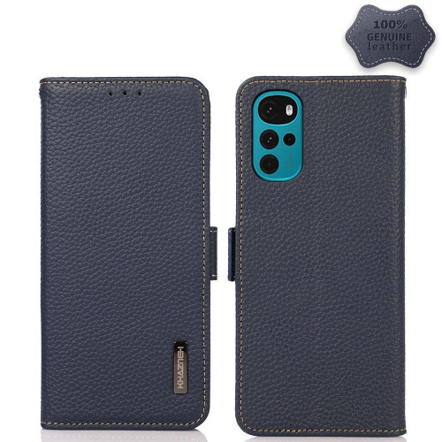 For Motorola Moto G22 KHAZNEH Side-Magnetic Litchi Genuine Leather RFID Phone Case(Blue)