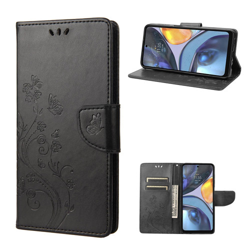 For Motorola Moto G22 Butterfly Flower Pattern Leather Phone Case(Black)