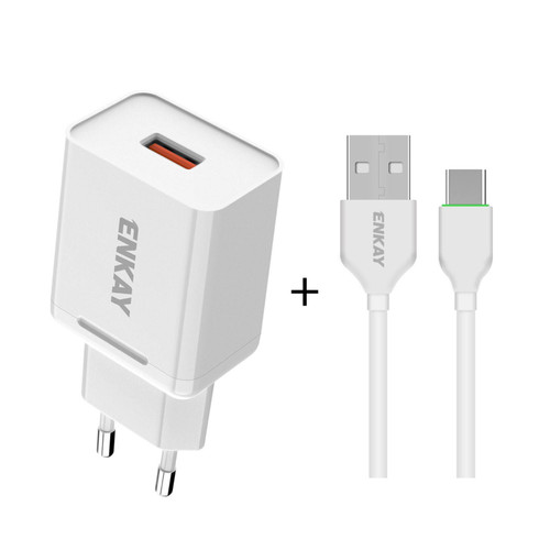 ENKAY Hat-Prince T033 18W 3A QC3.0 Fast Charging Power Adapter EU Plug Portable Travel Charger With 3A 1m Type-C Cable
