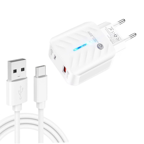 PD03 20W PD3.0 + QC3.0 USB Charger with USB to Type-C Data Cable, EU Plug(White)