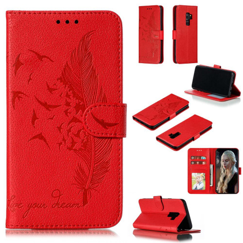 Feather Pattern Litchi Texture Horizontal Flip Leather Case with Wallet & Holder & Card Slots For Galaxy S9+(Red)
