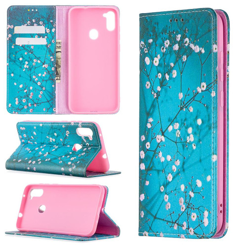 For Samsung Galaxy A11 Colored Drawing Pattern Invisible Magnetic Horizontal Flip PU Leather Case with Holder & Card Slots & Wallet(Plum Blossom)