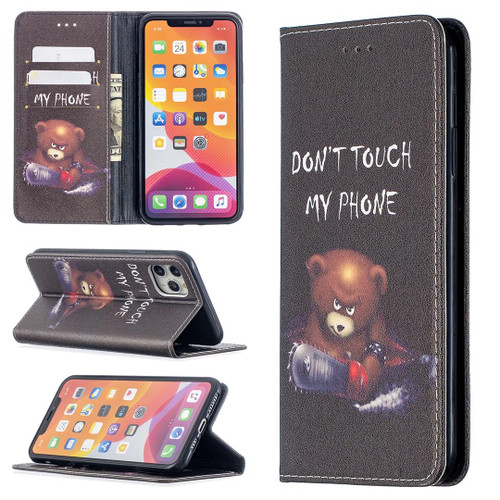 For iPhone 11 Pro Max Colored Drawing Pattern Invisible Magnetic Horizontal Flip PU Leather Case with Holder & Card Slots & Wallet (Bear)