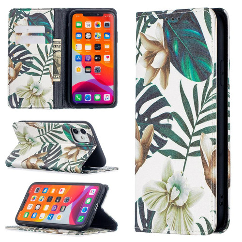 For iPhone 11 Colored Drawing Pattern Invisible Magnetic Horizontal Flip PU Leather Case with Holder & Card Slots & Wallet (Red Leaves)