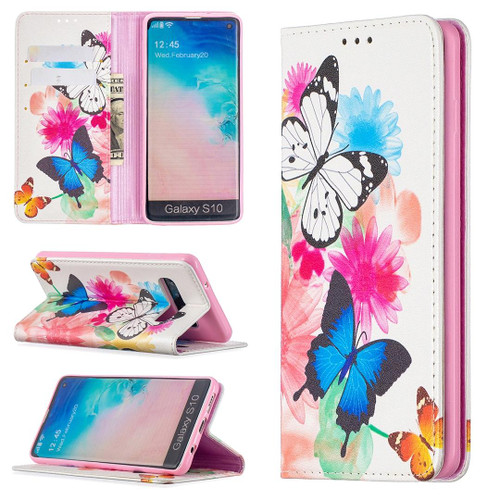For Samsung Galaxy S10 Colored Drawing Pattern Invisible Magnetic Horizontal Flip PU Leather Case with Holder & Card Slots & Wallet(Two Butterflies)