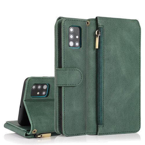 For Samsung Galaxy A51 Skin-feel Crazy Horse Texture Zipper Wallet Bag Horizontal Flip Leather Case with Holder & Card Slots & Wallet & Lanyard(Dark Green)
