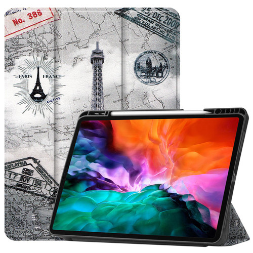 For iPad Pro 12.9 2022 / 2021 Colored Drawing Horizontal Flip TPU + PU Leather Tablet Case with Three-folding Holder & Sleep / Wake-up Function & Pen Slot(Eiffel Tower)