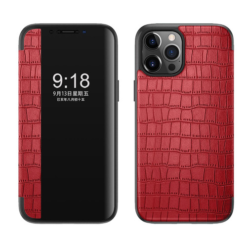 For iPhone 12 / 12 Pro Crocodile Texture Display Window Horizontal Flip Leather Case(Red)