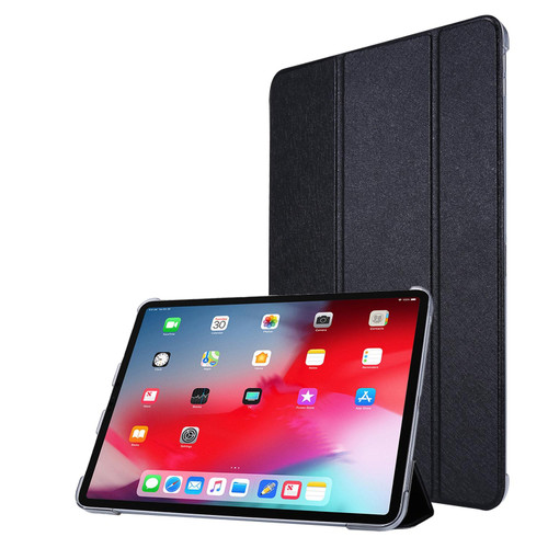 For iPad Pro 12.9 2022 / 2021 Silk Texture Three-fold Horizontal Flip Leather Tablet Case with Holder & Pen Slot(Black)