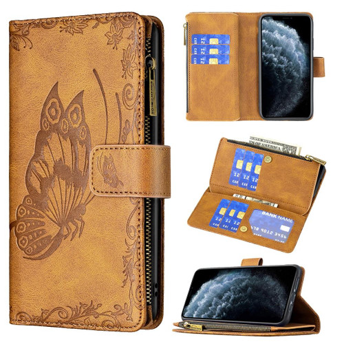 For iPhone XR Flying Butterfly Embossing Pattern Zipper Horizontal Flip Leather Case with Holder & Card Slots & Wallet(Brown)