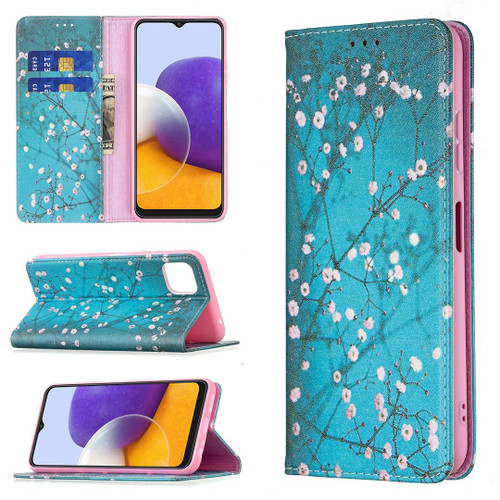 For Samsung Galaxy A22 5G Colored Drawing Pattern Invisible Magnetic Horizontal Flip PU Leather Case with Holder & Card Slots & Wallet(Plum Blossom)