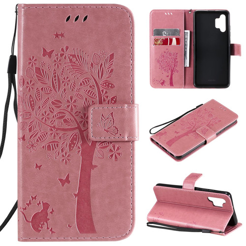 For Samsung Galaxy A32 4G Tree & Cat Pattern Pressed Printing Horizontal Flip PU Leather Case with Holder & Card Slots & Wallet & Lanyard(Pink)