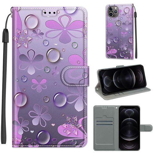 For iPhone 12 / 12 Pro Voltage Colored Drawing Magnetic Clasp Horizontal Flip PU Leather Case with Holder & Card Slots(C16 Water Drop Six Petal Flower)