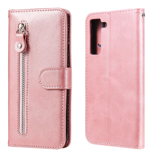 For Samsung Galaxy S21 FE Fashion Calf Texture Zipper Horizontal Flip Leather Case with Holder & Card Slots & Wallet(Rose Gold)