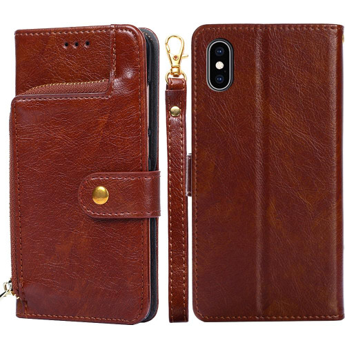 For iPhone X / XS Zipper Bag PU + TPU Horizontal Flip Leather Case with Holder & Card Slot & Wallet & Lanyard(Brown)