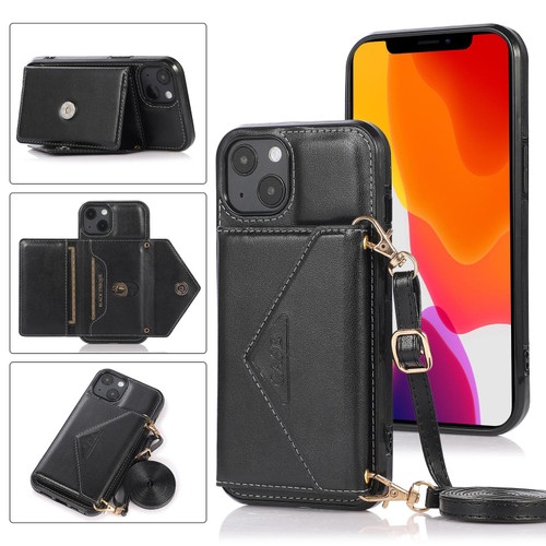 For iPhone 13 Multi-functional Cross-body Card Bag TPU+PU Back Cover Case with Holder & Card Slot & Wallet(Black)