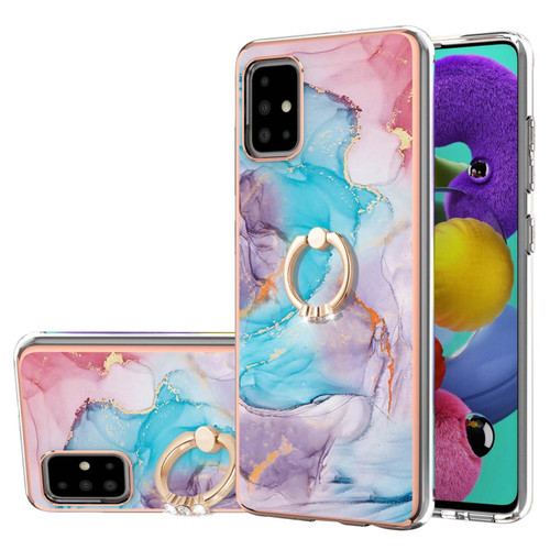 For Samsung Galaxy A51 Electroplating Pattern IMD TPU Shockproof Case with Rhinestone Ring Holder(Milky Way Blue Marble)