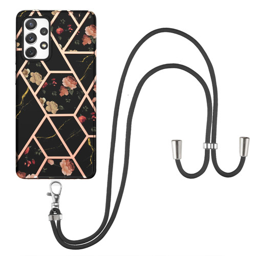 For Samsung Galaxy A72 5G / 4G Electroplating Splicing Marble Flower Pattern TPU Shockproof Case with Lanyard(Black Flower)