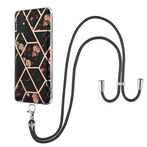 For Samsung Galaxy A51 5G Electroplating Splicing Marble Flower Pattern TPU Shockproof Case with Lanyard(Black Flower)