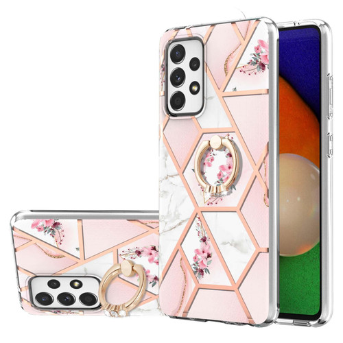 For Samsung Galaxy A52 5G / 4G Electroplating Splicing Marble Flower Pattern TPU Shockproof Case with Rhinestone Ring Holder(Pink Flower)