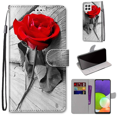 For Samsung Galaxy A22 4G Coloured Drawing Cross Texture Horizontal Flip PU Leather Case with Holder & Card Slots & Wallet & Lanyard(Wood Red Rose)
