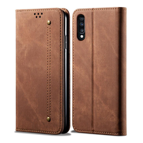 For Galaxy A70 Denim Texture Casual Style Horizontal Flip Leather Case with Holder & Card Slots & Wallet(Brown)